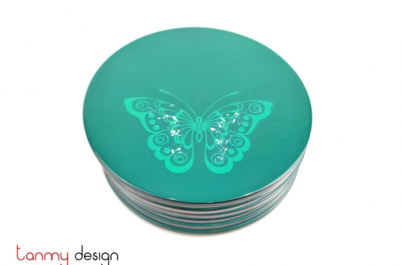 Bộ 6 lót cốc sơn mài thủ công hình tròn không hộp xanh vẽ bướm